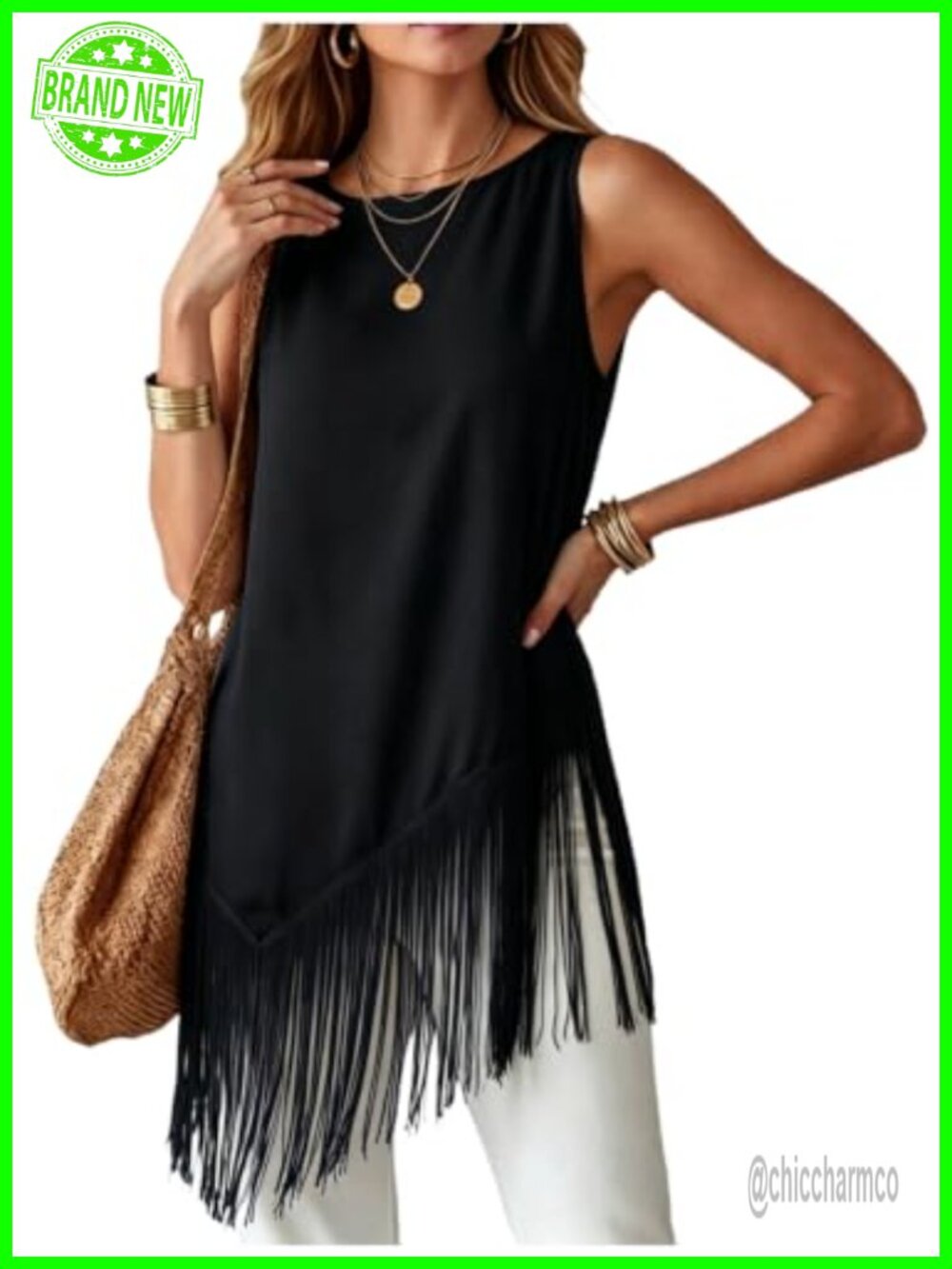 Fringe Hem Sleeveless Crew Neck Tank Top Asymmetrical Button Back Women's